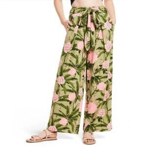 Agua Bendita Green & Pink Peony Print Pants Wide Leg Relaxed Linen Size Large